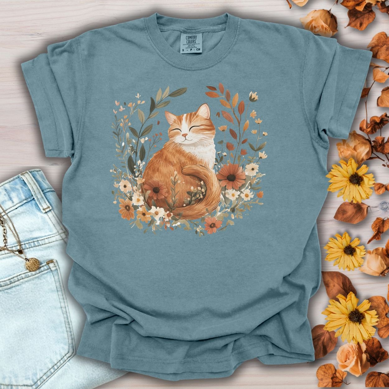 Autumn Tabby Cat with Wildflowers T-Shirt