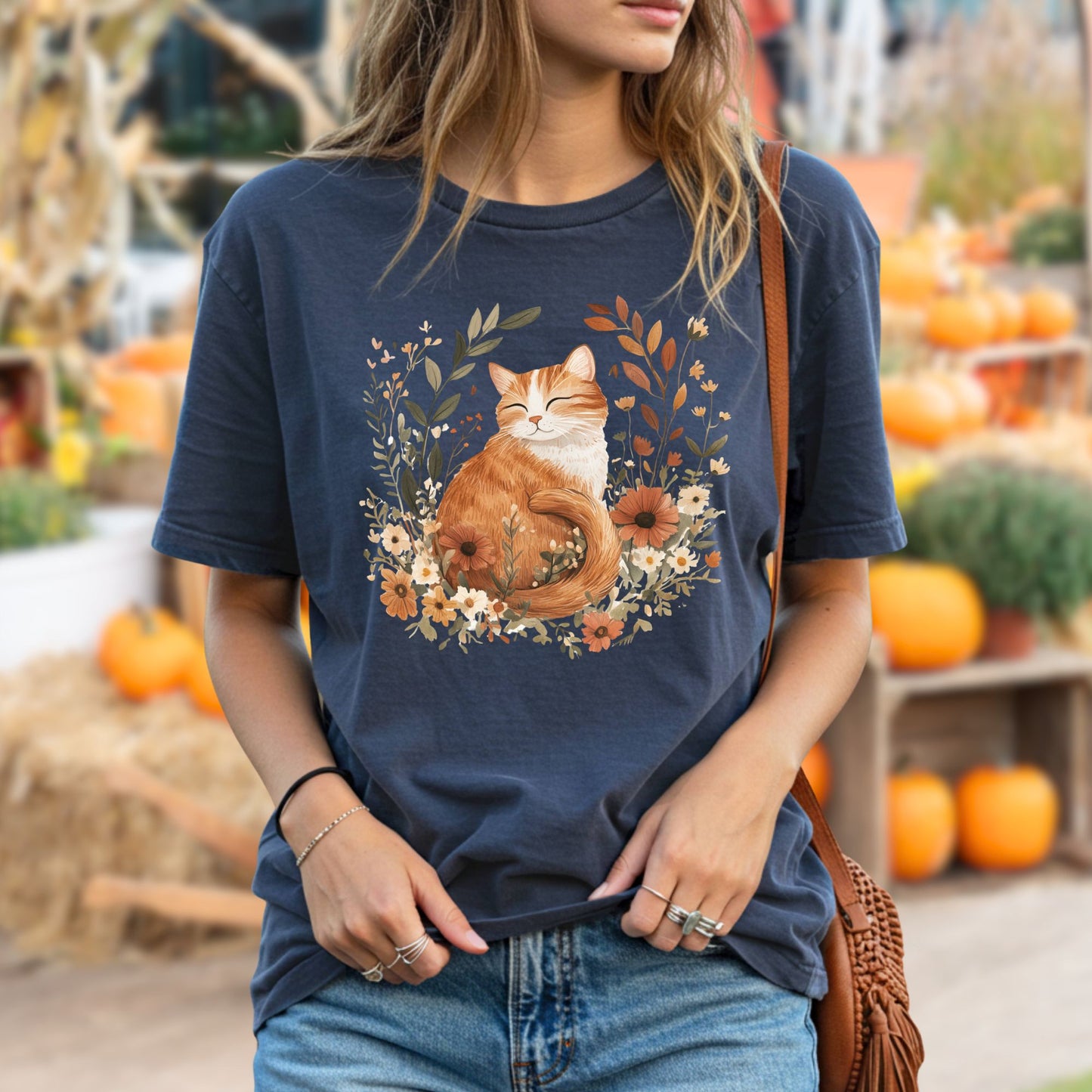 Autumn Tabby Cat with Wildflowers T-Shirt
