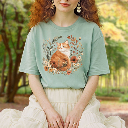 Autumn Tabby Cat with Wildflowers T-Shirt