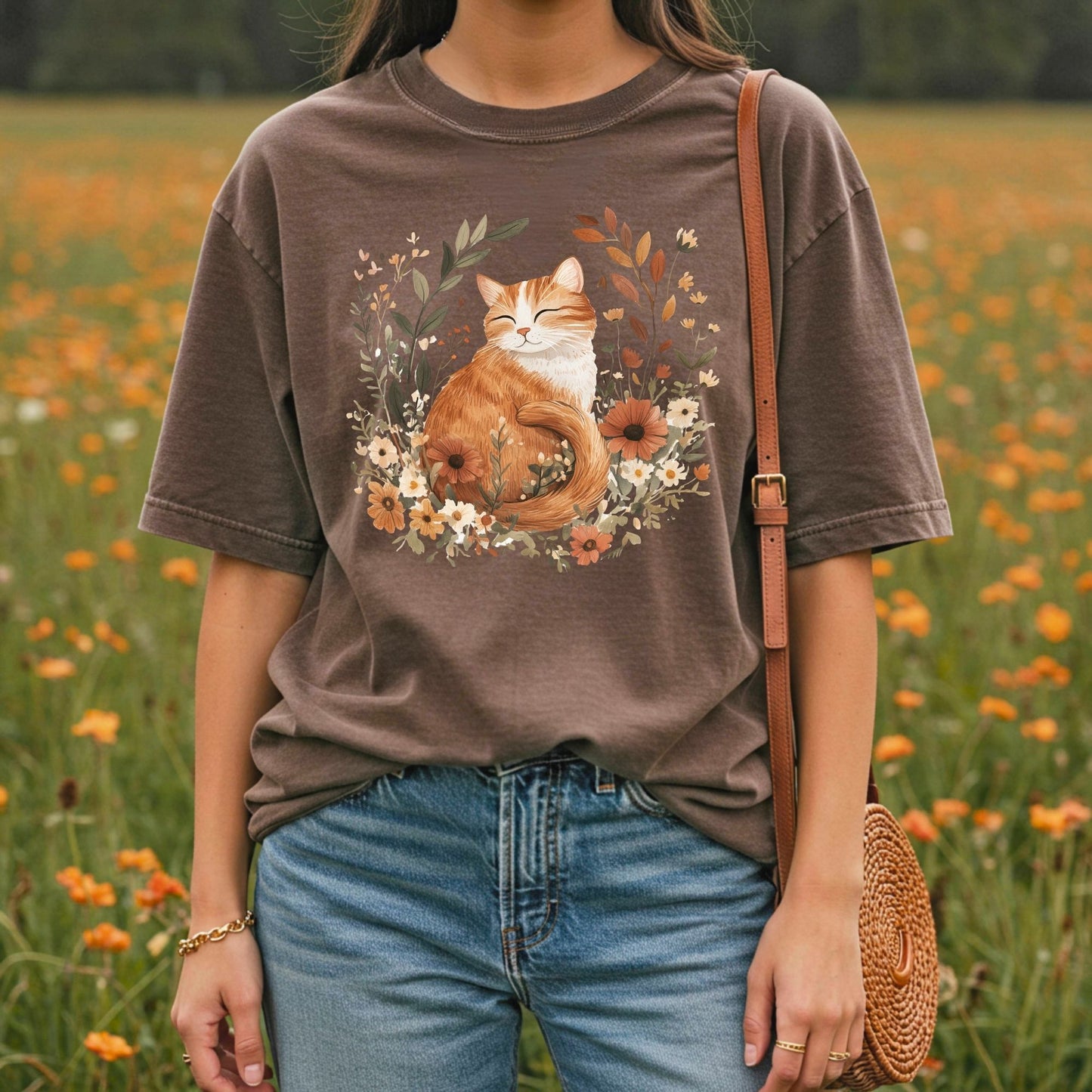 Autumn Tabby Cat with Wildflowers T-Shirt