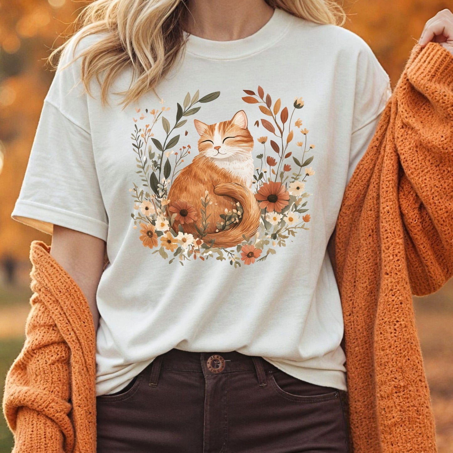Autumn Tabby Cat with Wildflowers T-Shirt