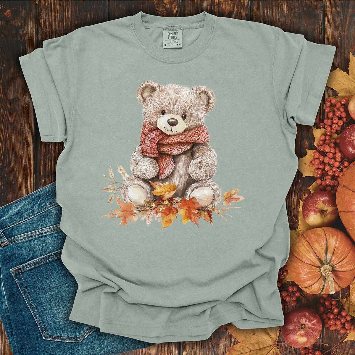 Autumn Teddy Bear with Knit Scarf T-Shirt