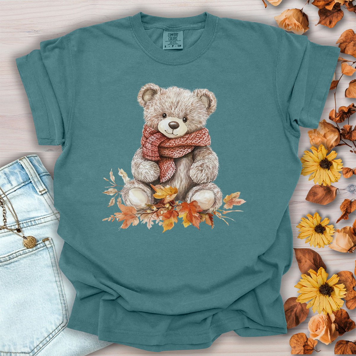 Autumn Teddy Bear with Knit Scarf T-Shirt