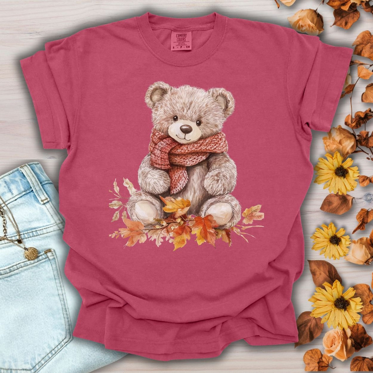Autumn Teddy Bear with Knit Scarf T-Shirt