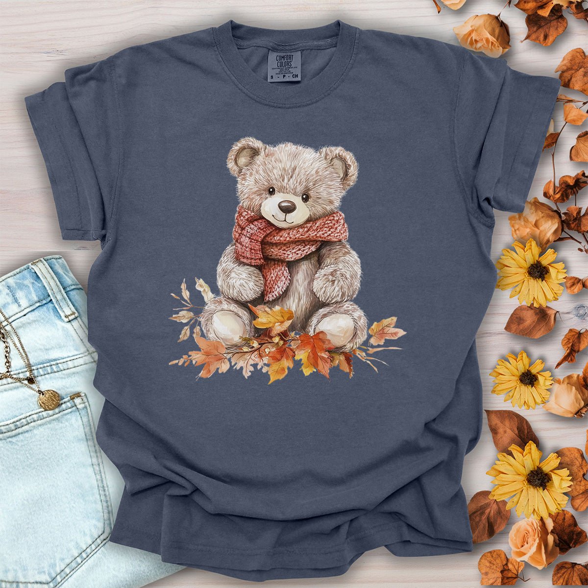 Autumn Teddy Bear with Knit Scarf T-Shirt