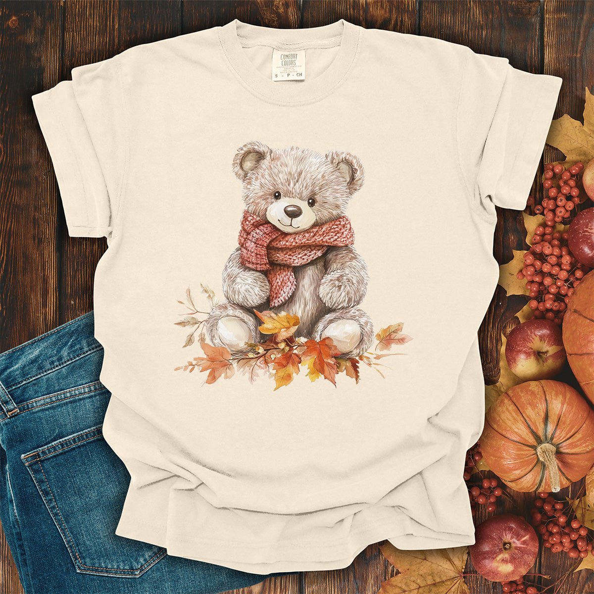 Autumn Teddy Bear with Knit Scarf T-Shirt