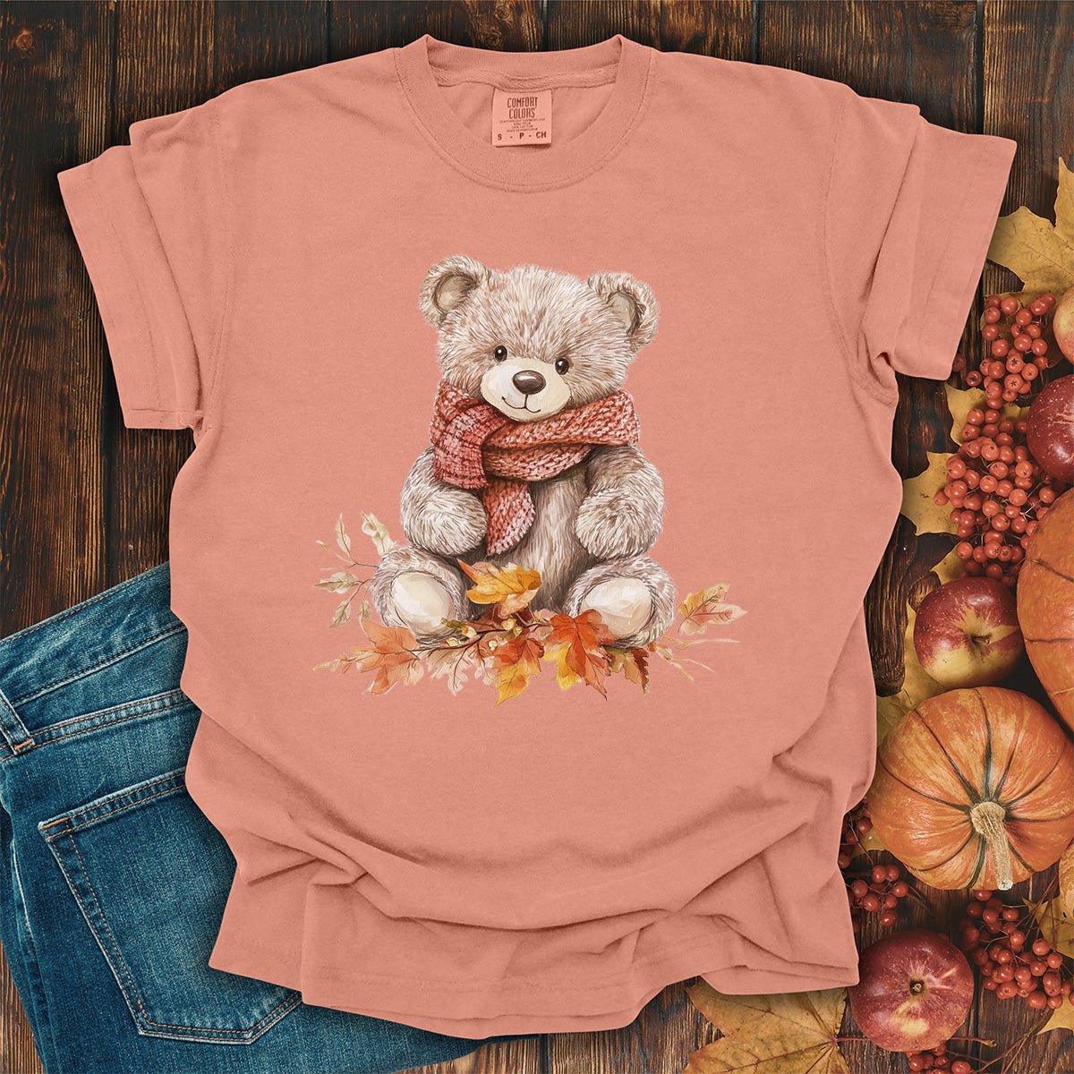 Autumn Teddy Bear with Knit Scarf T-Shirt