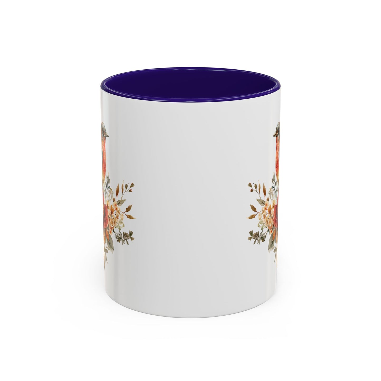 White ceramic mug with a deep purple interior and handle, featuring a watercolor bluebird and peony design.