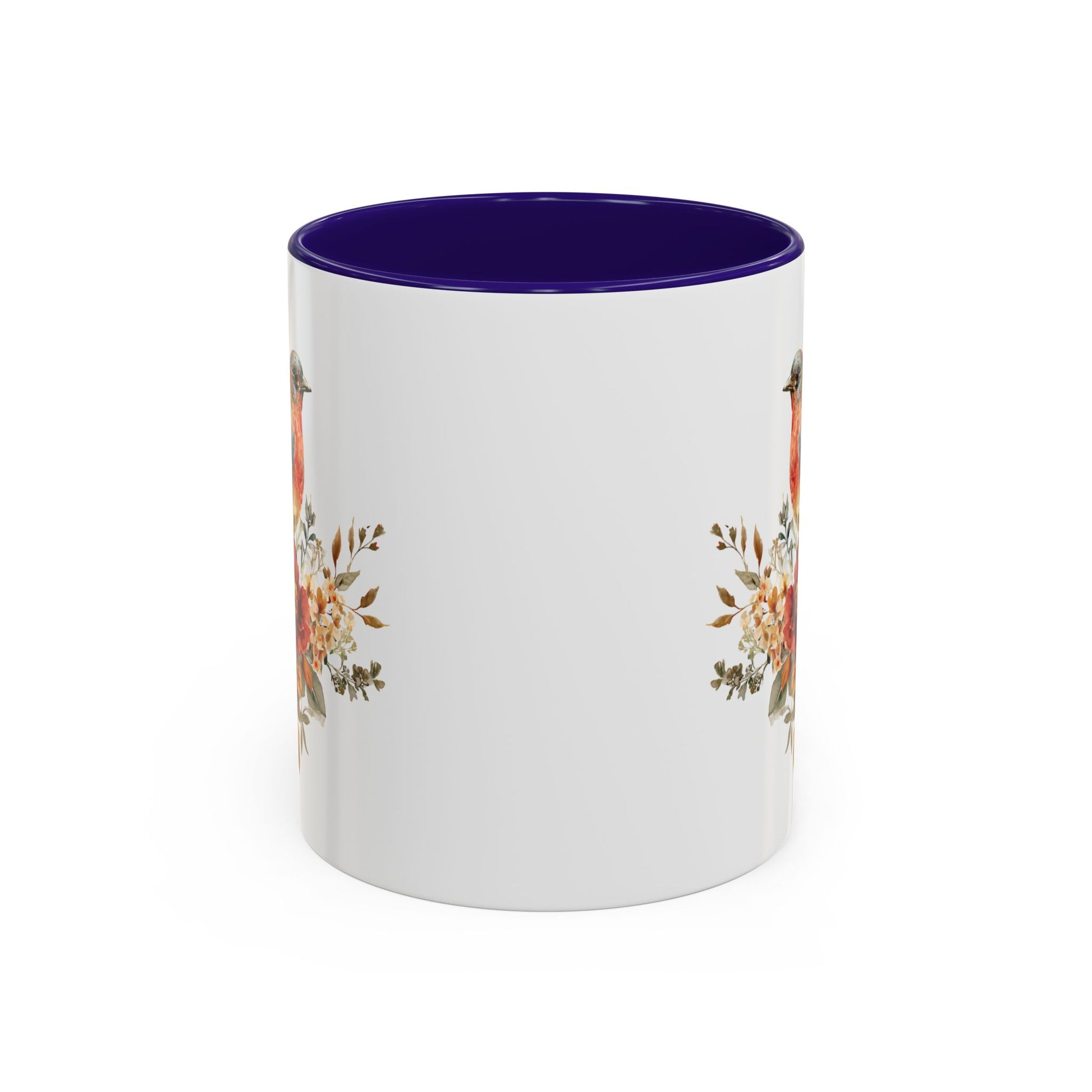 White ceramic mug with a deep purple interior and handle, featuring a watercolor bluebird and peony design.
