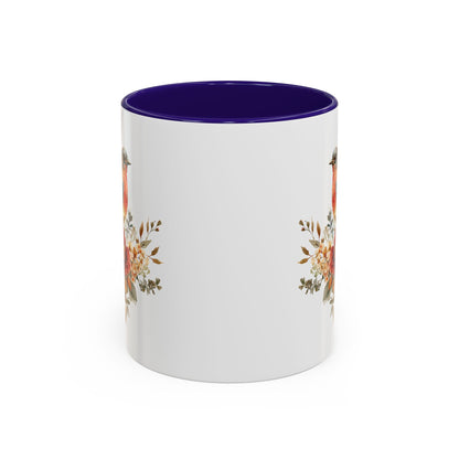White ceramic mug with a deep purple interior and handle, featuring a watercolor bluebird and peony design.