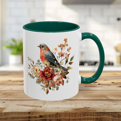 11oz white ceramic mug with green handle/interior, featuring a watercolor bluebird and peony design.