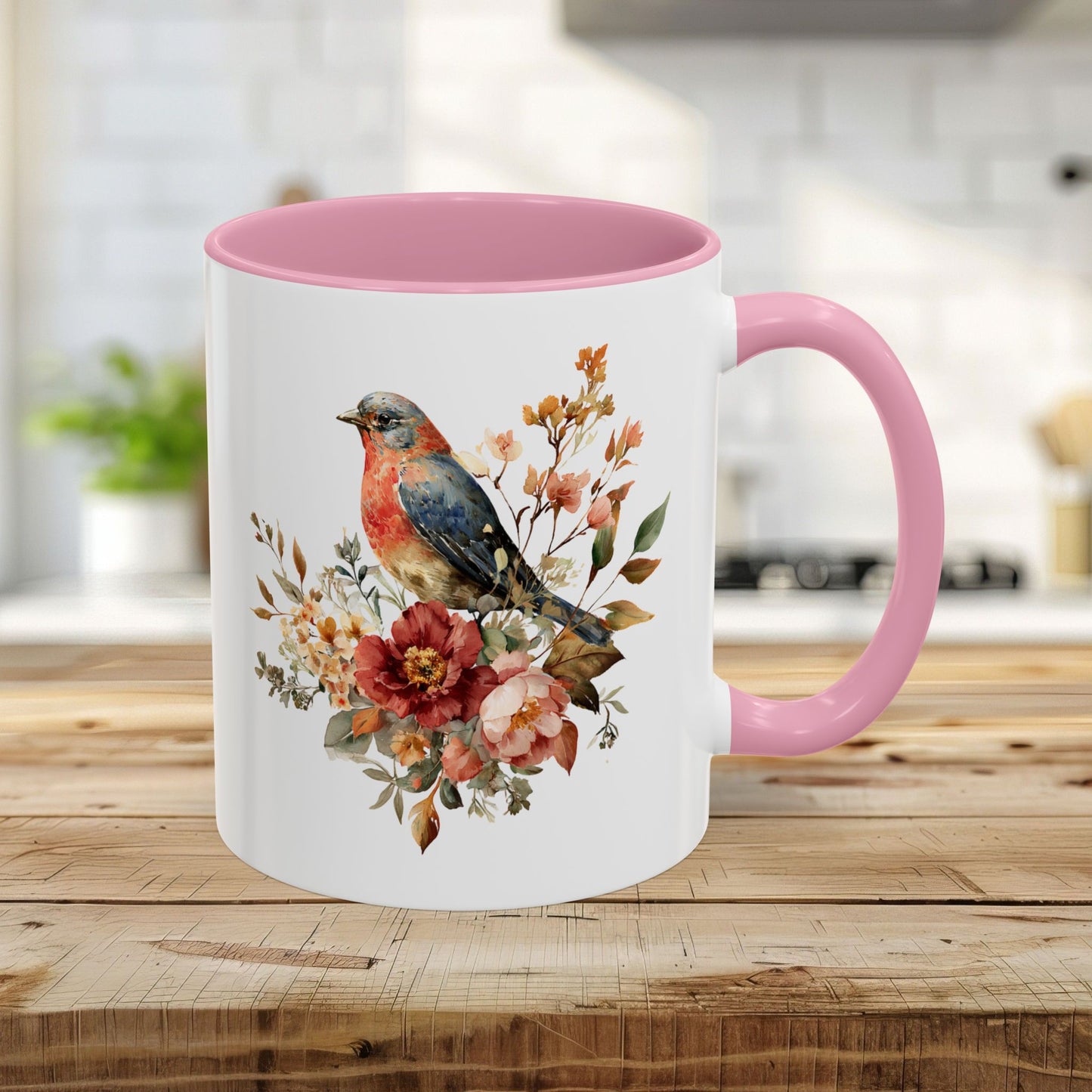 11oz white ceramic mug with pink interior/handle, featuring a watercolor bluebird and peony design.