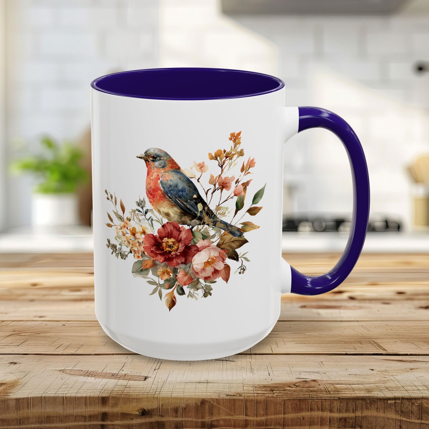 15oz white ceramic mug with blue interior/handle, featuring a watercolor bluebird and peony floral design.