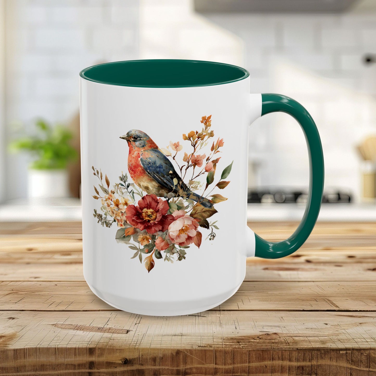15oz white ceramic mug with a green interior/handle, featuring a watercolor bluebird and peony design.