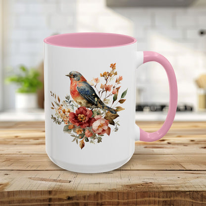 15oz white ceramic mug with pink interior/handle, featuring a vintage bluebird and peony watercolor design.