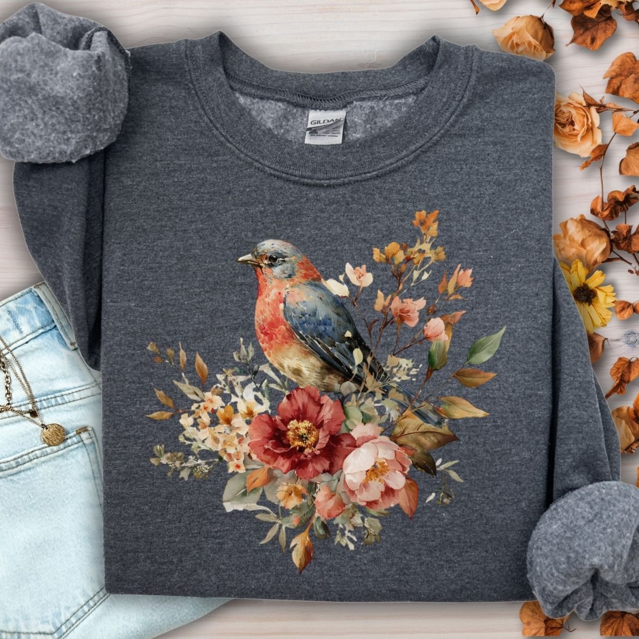 Autumn Vintage Bluebird & Peony Sweatshirt