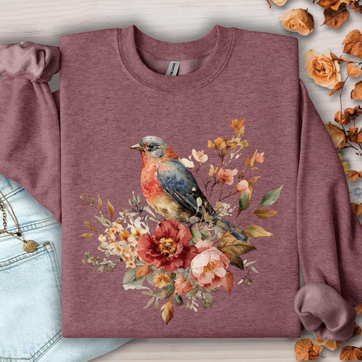 Autumn Vintage Bluebird & Peony Sweatshirt