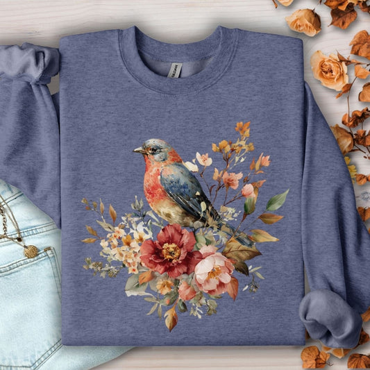 Heather Sport Dark Navy sweatshirt with a vintage bluebird and peony floral design.