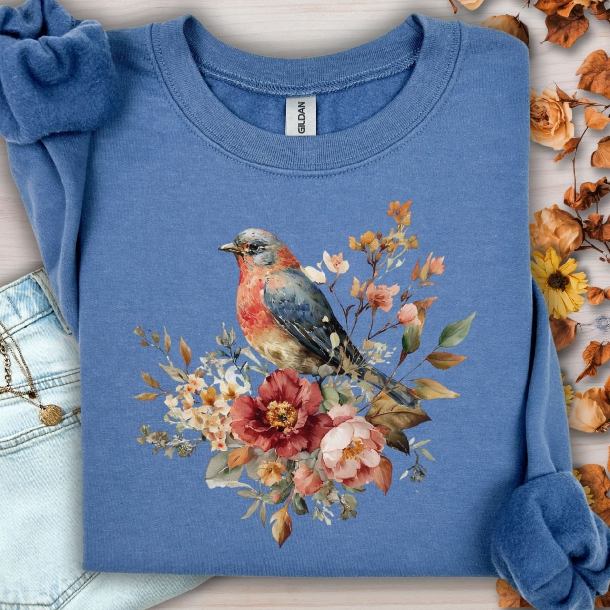 Autumn Vintage Bluebird & Peony Sweatshirt