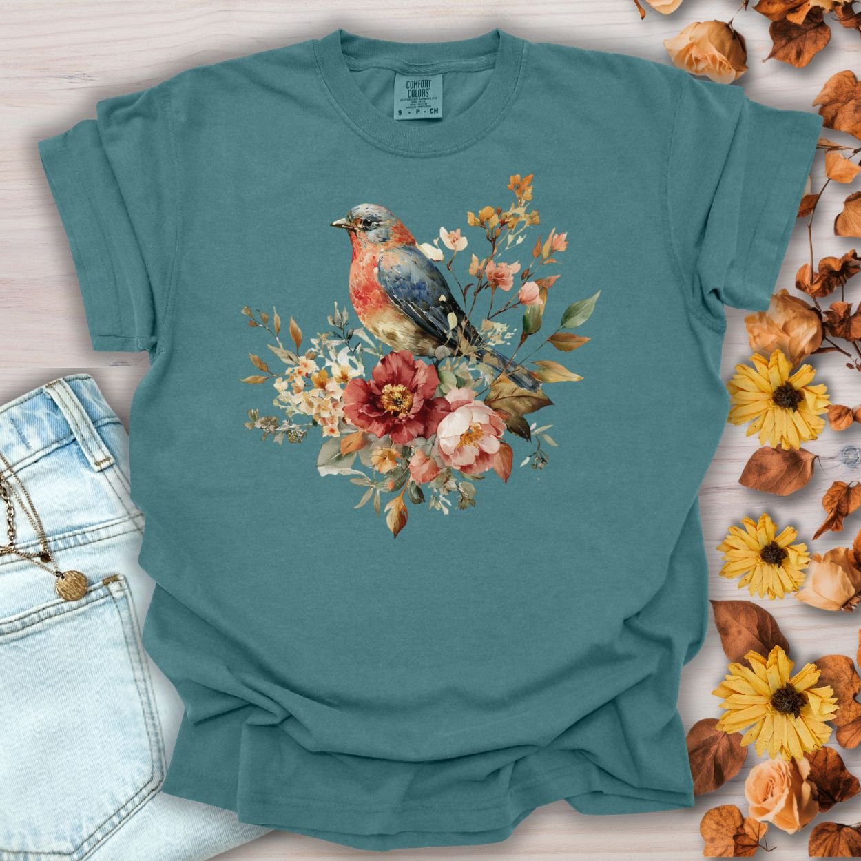 Autumn Vintage Bluebird & Peony T-Shirt