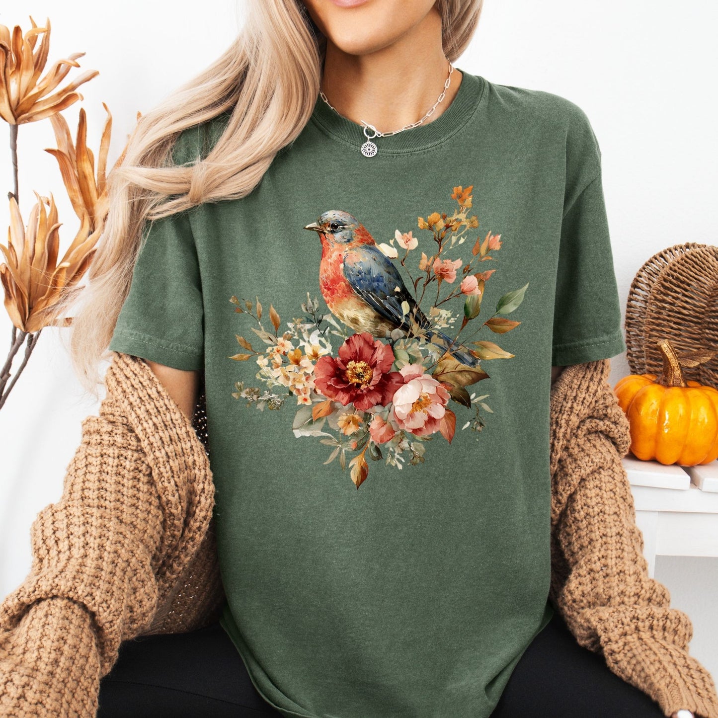 Autumn Vintage Bluebird & Peony T-Shirt