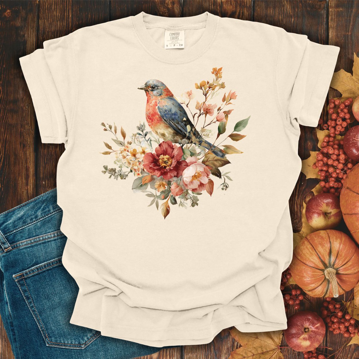 Autumn Vintage Bluebird & Peony T-Shirt