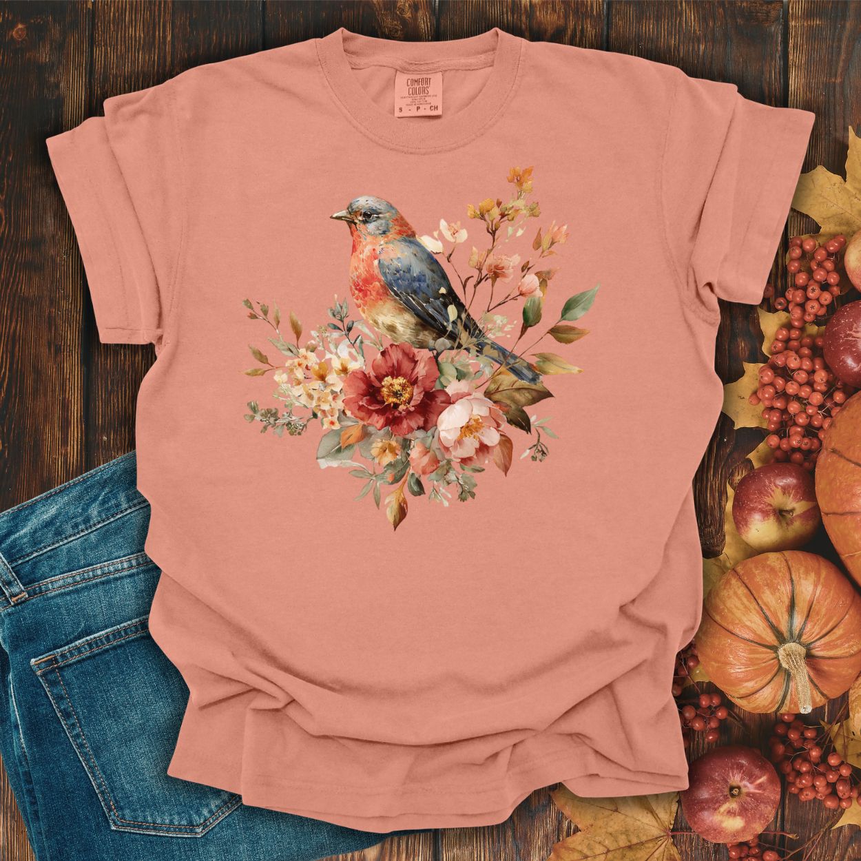 Autumn Vintage Bluebird & Peony T-Shirt