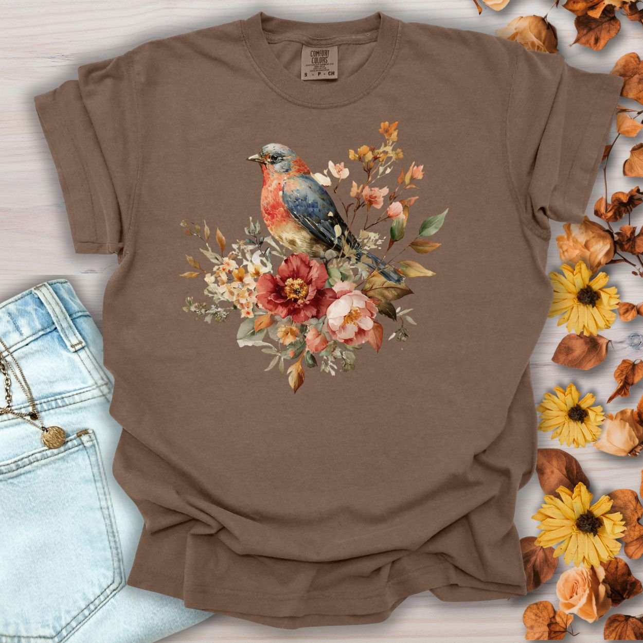 Autumn Vintage Bluebird & Peony T-Shirt