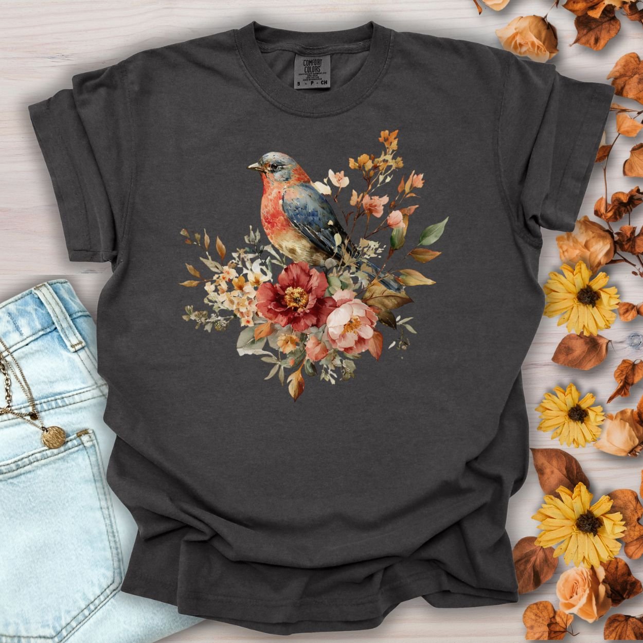 Autumn Vintage Bluebird & Peony T-Shirt