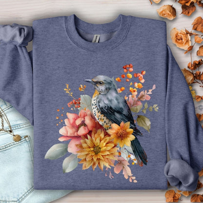 Heather Sport Dark Navy sweatshirt with a painterly bluebird and autumn floral design.