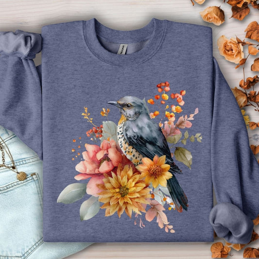 Heather Sport Dark Navy sweatshirt with a painterly bluebird and autumn floral design.