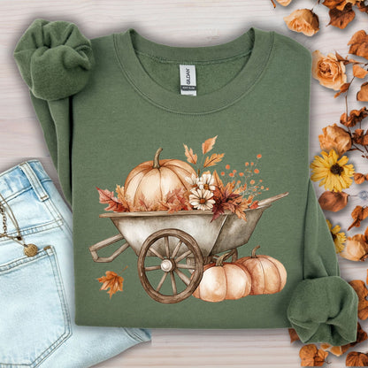 Military Green Gildan sweatshirt with a boho wagon, pumpkins, and autumn flowers.