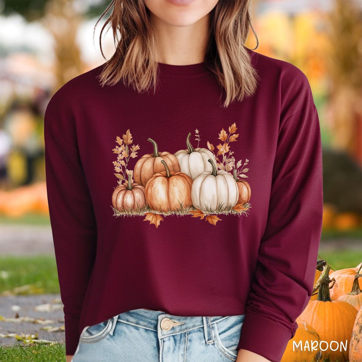 Autumn Watercolor Pumpkins Long Sleeve Tee