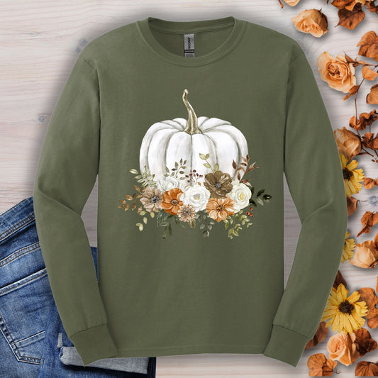 Military Green Gildan long sleeve tee with a white pumpkin and autumn flowers design.