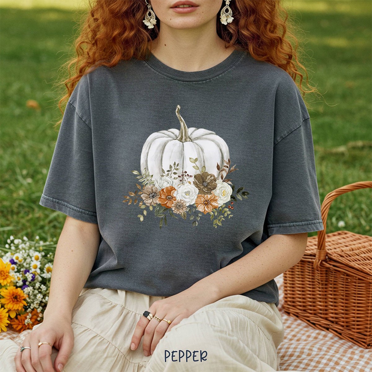 Autumn White Pumpkin Floral T-Shirt