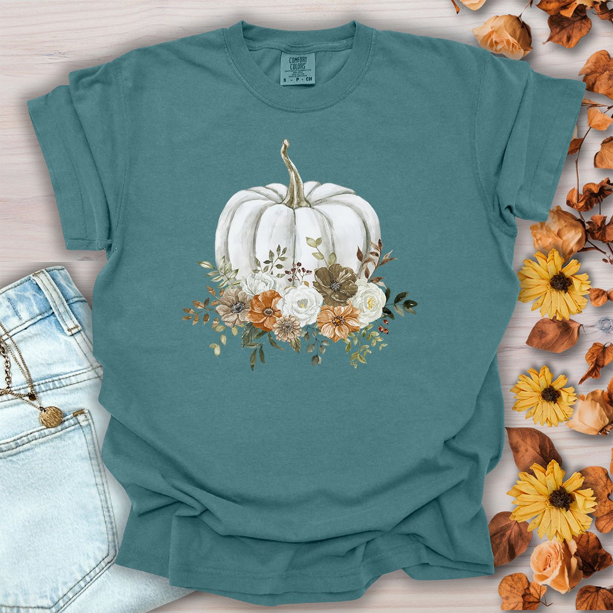 Autumn White Pumpkin Floral T-Shirt