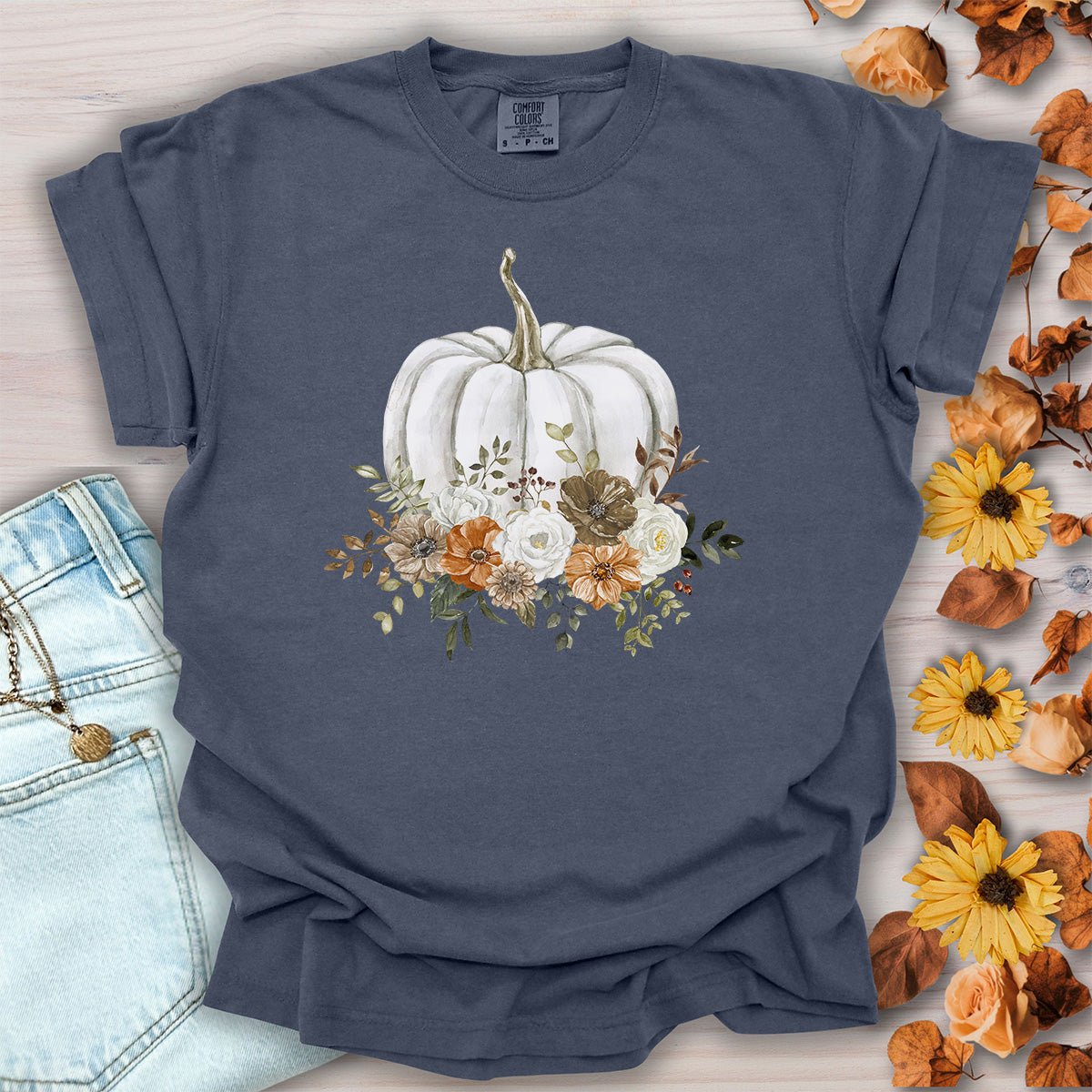 Autumn White Pumpkin Floral T-Shirt