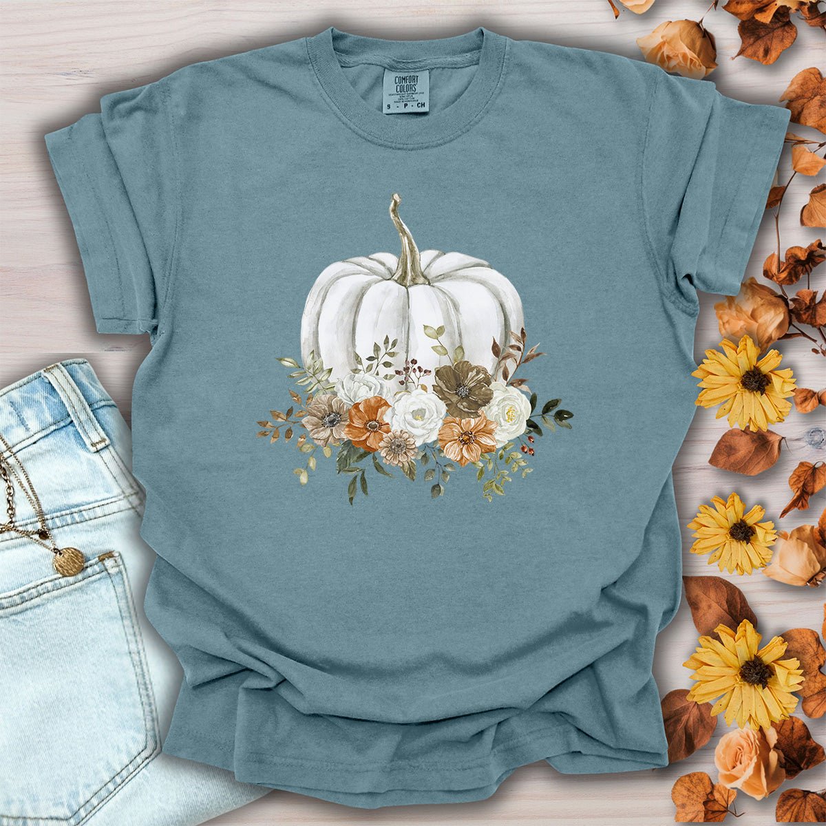 Autumn White Pumpkin Floral T-Shirt