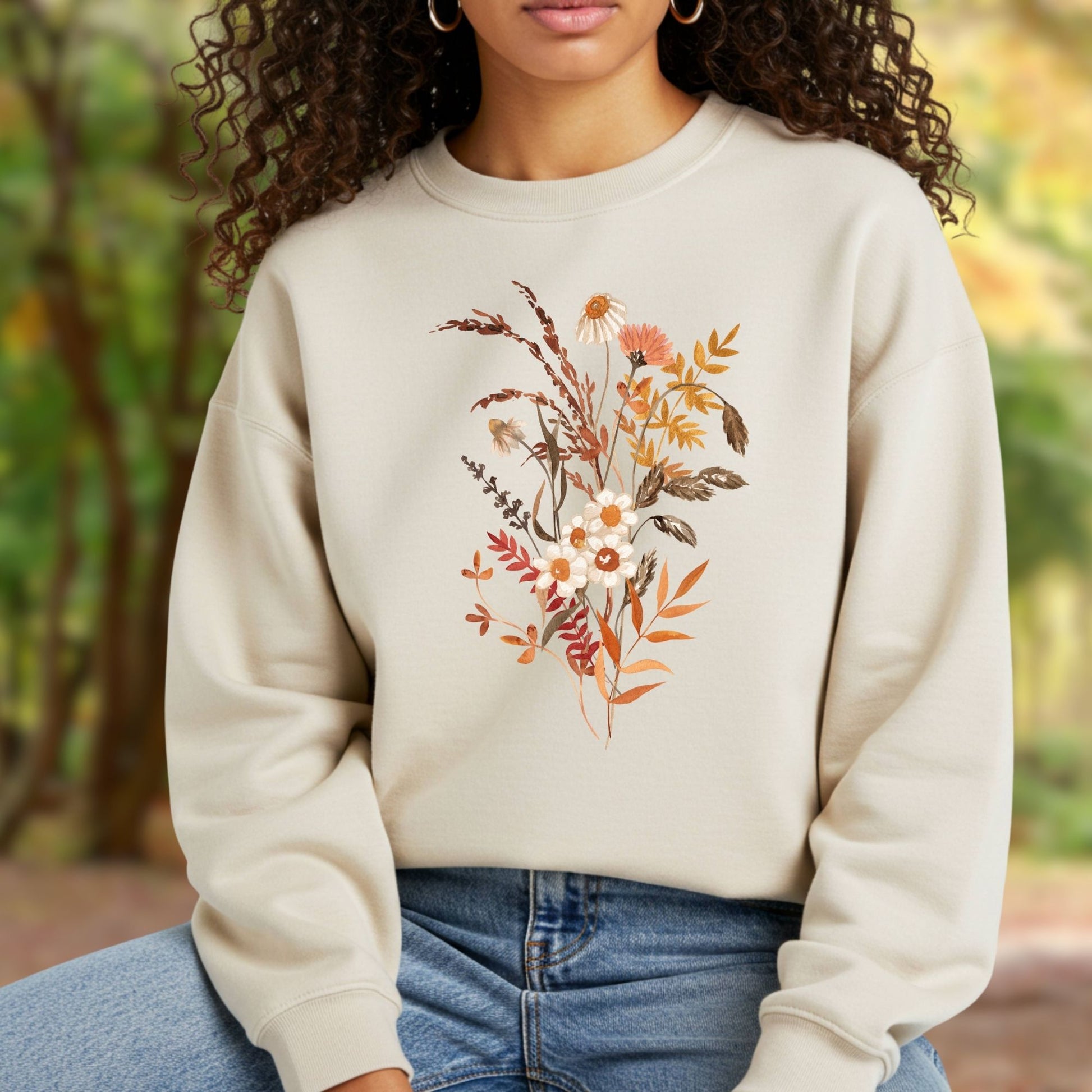 Beige cotton-blend sweatshirt with a vintage autumn wildflower bouquet in warm beige and rust tones.