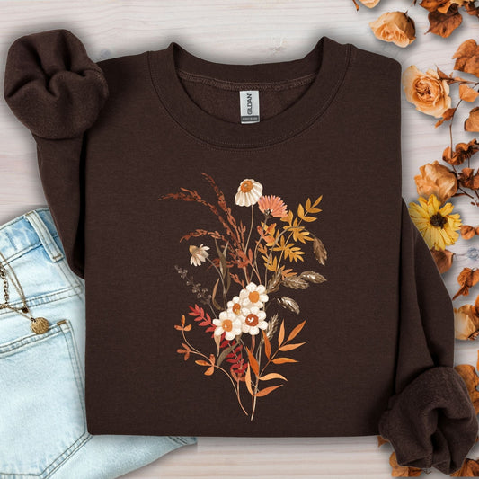 Dark chocolate sweatshirt with a vintage autumn wildflower bouquet in warm beige and rust tones.