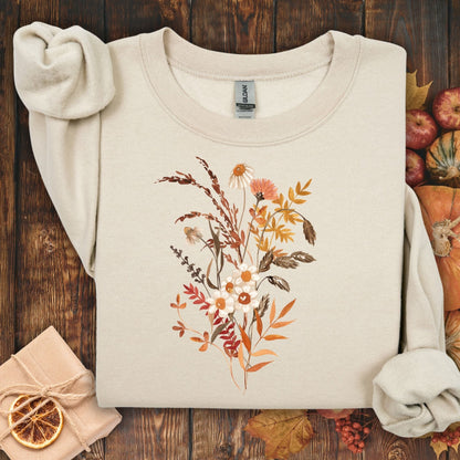 Sand cotton-blend sweatshirt with a vintage autumn wildflower bouquet in warm beige and rust tones.