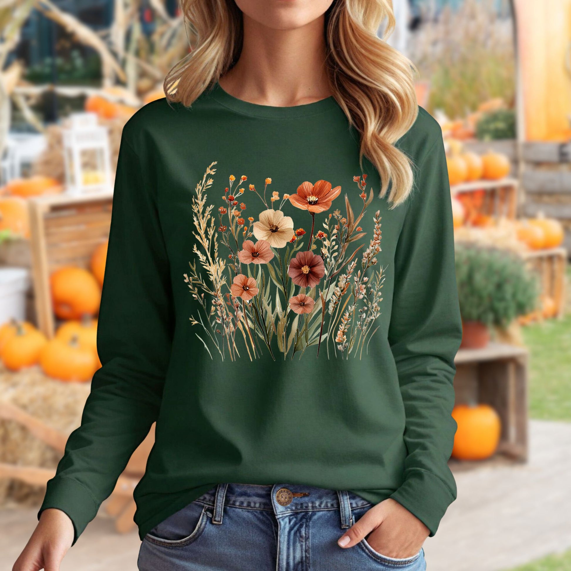 Woman in a dark green long-sleeve tee with watercolor autumn wildflowers in warm, earthy hues.