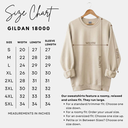 Gildan 18000 size chart with measurements in inches and a beige unisex crewneck sweatshirt.