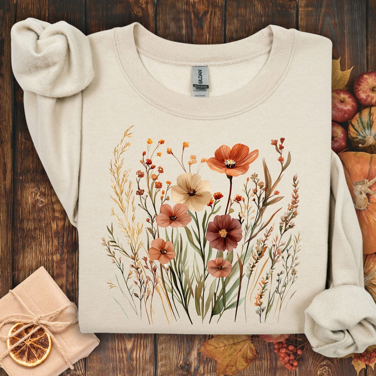 Sand S crewneck sweatshirt with watercolor autumn wildflowers and poppies.