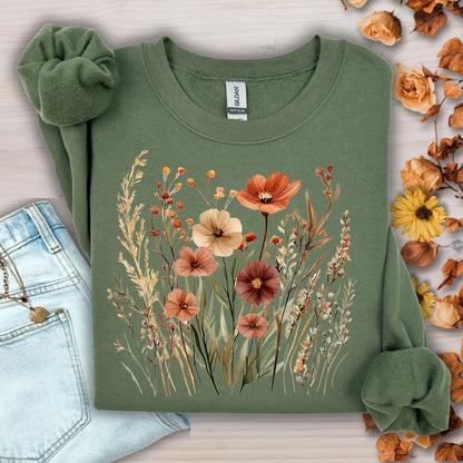 Military green cotton-blend sweatshirt with watercolor autumn wildflowers and poppies design.