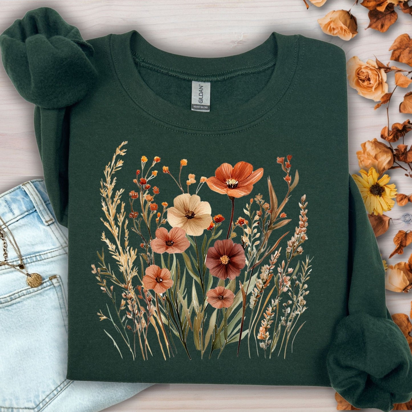 Forest green cotton-blend sweatshirt with watercolor autumn wildflowers and poppies design.