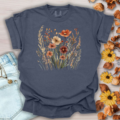 Denim garment-dyed t-shirt with watercolor autumn wildflowers in rust, ochre, plum, and sage.