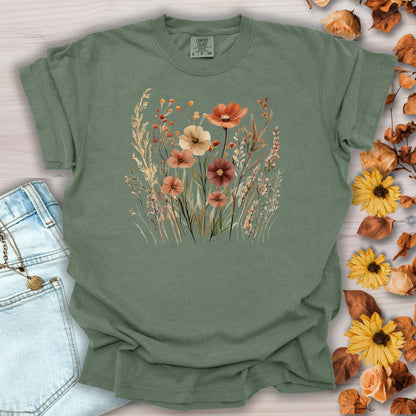 Moss green relaxed-fit cotton t-shirt with a watercolor autumn wildflowers design.