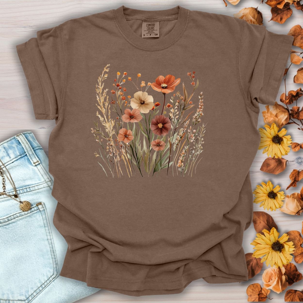 Espresso garment-dyed cotton t-shirt with a watercolor autumn wildflowers design.