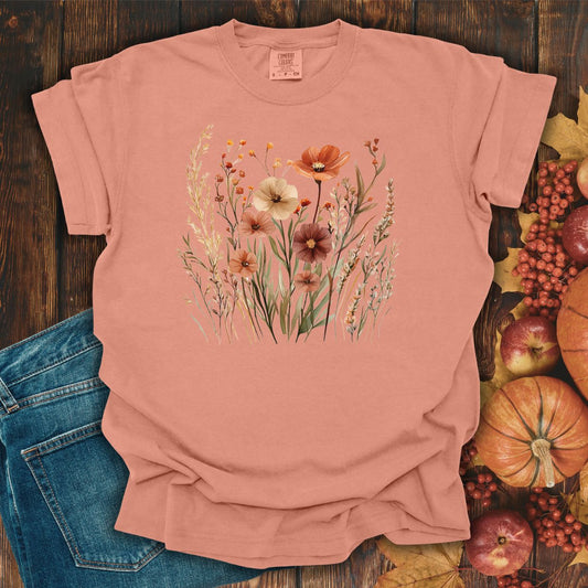 Terracotta Autumn Wildflowers T-Shirt, relaxed-fit, 100% cotton, with rust, ochre, plum, sage floral design.